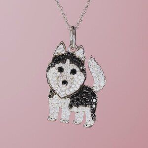Siberian Husky Dog Breed Puppy Owners Rhodium Sterling Silver CZ Necklace